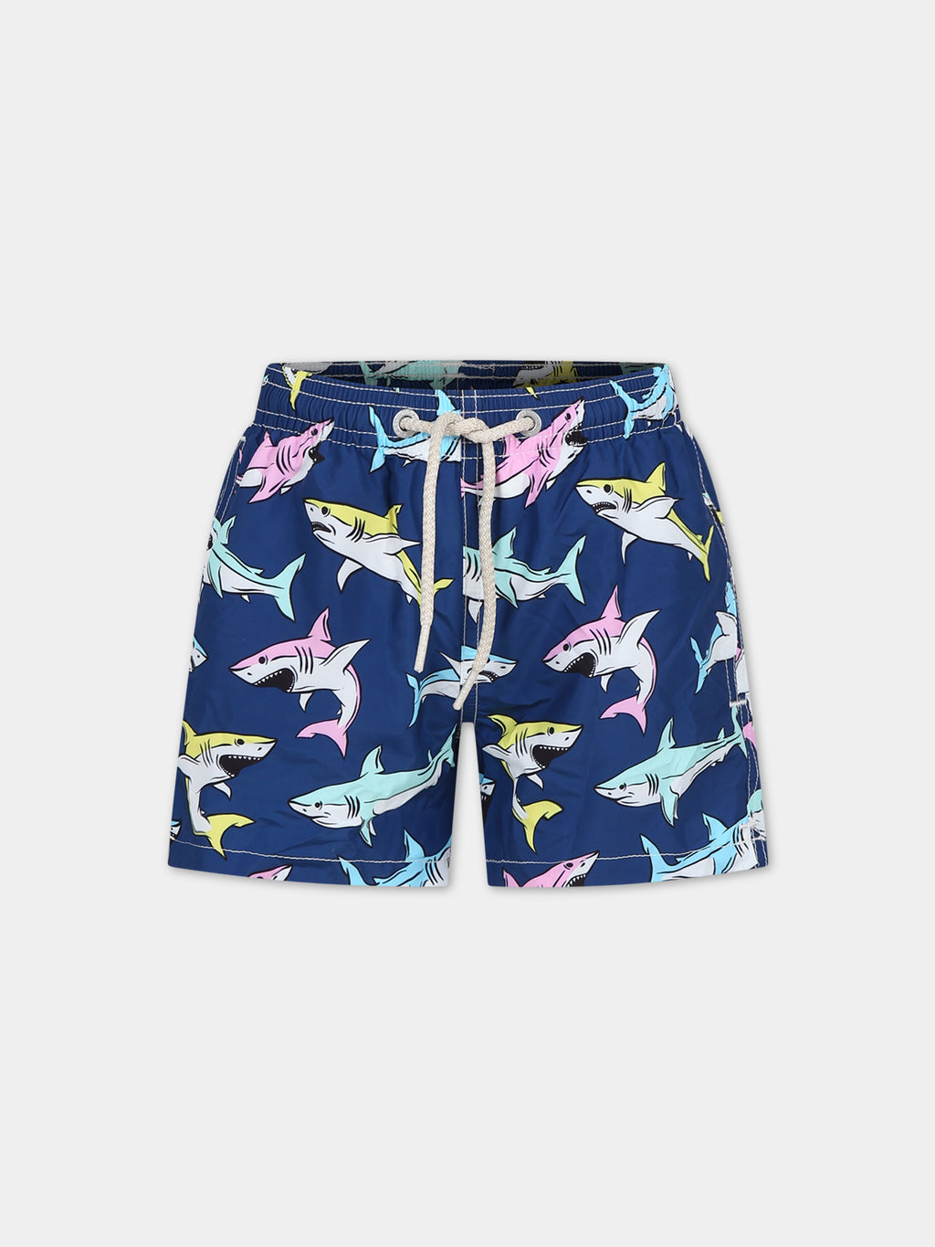 Blue swim shorts for boy with shark print